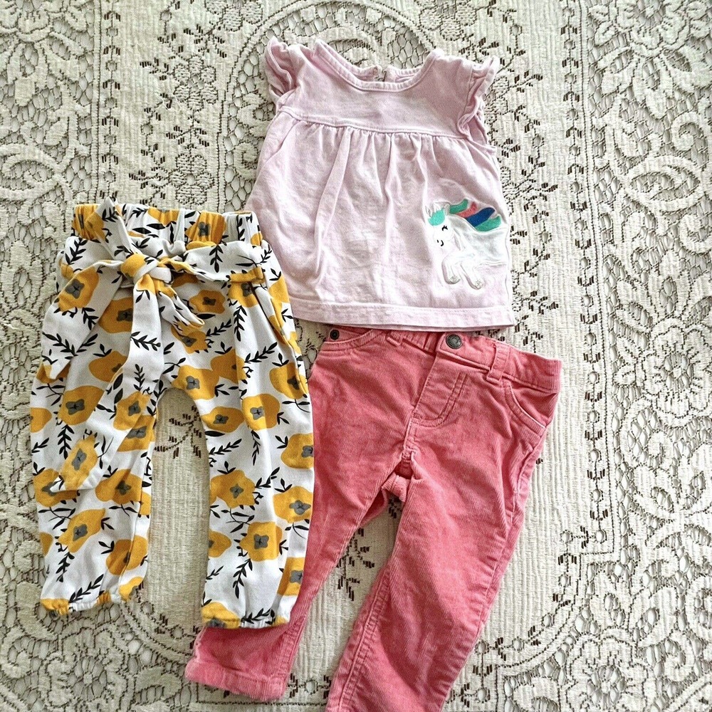 Carter's Baby Girl 9M 9 Months Clothing Lot Pink Yellow Floral Pants Unicorn Top